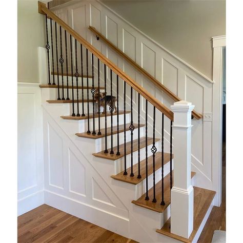 BTERAZ Wrought Iron Railings | Wayfair Iron Stair Balusters, Stairs Makeover Ideas, Farmhouse Stairs, 90s House, Wrought Iron Railings, Metal Spindles, Interior Stair Railing, Stairs Renovation, Stair Balusters