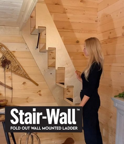 S A W M I L L S T R U C T U R E S on Instagram: “Sawmill Structures™ is very proud to introduce our patent pending wall mounted fold out stair/ladder! Meet Stair-Wall™ Stair Wall™ is the…” Stairs That Fold Against The Wall, Ladder On Wall, Stairs For Small Spaces, Folding Attic Stairs, Foldable Stairs, Retractable Stairs, Small Loft Apartments, Space Saving Staircase, Folding Stairs