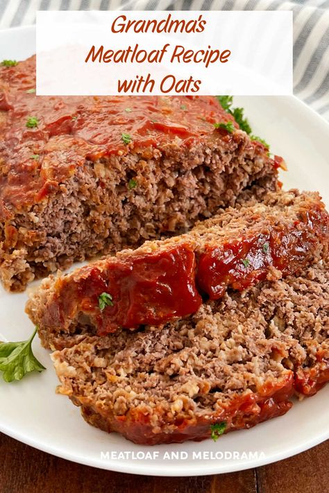 Grandma's Quaker Oats Meatloaf is a classic meatloaf recipe with oatmeal instead of bread crumbs and other simple ingredients. Easy comfort food and a delicious dinner the whole family will love! via @meamel Meatloaf Recipes With Oatmeal And Bbq Sauce, Moms Best Meatloaf, Meatloaf With No Onions, Meatloaf With Carrots And Celery, Paula Deen Meatloaf With Oats, Meatloaf With Tomato Soup, Low Sodium Meatloaf Recipes Easy, Super Moist Meatloaf, No Bread Crumbs Meatloaf