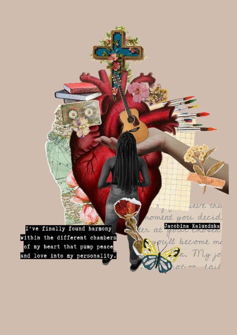 A collage with the heart at the centre. Surrounding the heart are all the different aspects that make me me. In it is a guitar, paintbrushes, crosses, tape and some letters. Collage About Me, All About Me Collage, Collage Art Deep Meaning, Collage About Beauty Standards, Anthropology Sociology Collage, Enamoured With Collages, Exquisite Corpse Collage, Catholic Theology, Heart Collage