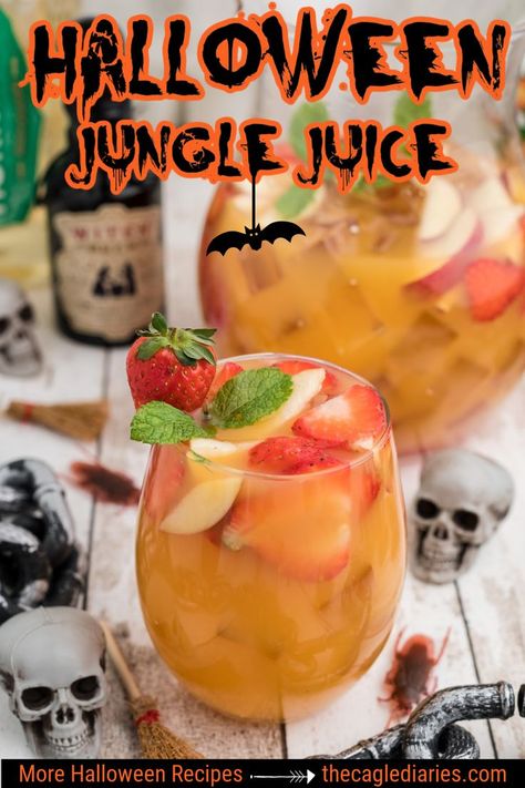 Halloween Party Jungle Juice, Best Halloween Drinks Alcohol, Jungle Juice Halloween Recipe, How To Make Jungle Juice, Orange Jungle Juice, Alcholic Halloween Punch, Halloween Jungle Juice Recipe Alcoholic, Spooky Jungle Juice, Fall Jungle Juice Recipe