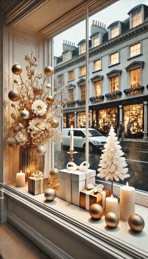 21 Christmas Window Decoration Ideas That Will Make Your Neighbors Jealous! 🎄✨ Window Ledge Christmas Decor, Christmas Lights In Windows Ideas, Christmas Shop Window Display Ideas, Front Window Christmas Decor, White Christmas Window Display, Christmas Window Display Retail, Small White Christmas Tree, Christmas Inn, Window Decoration Ideas