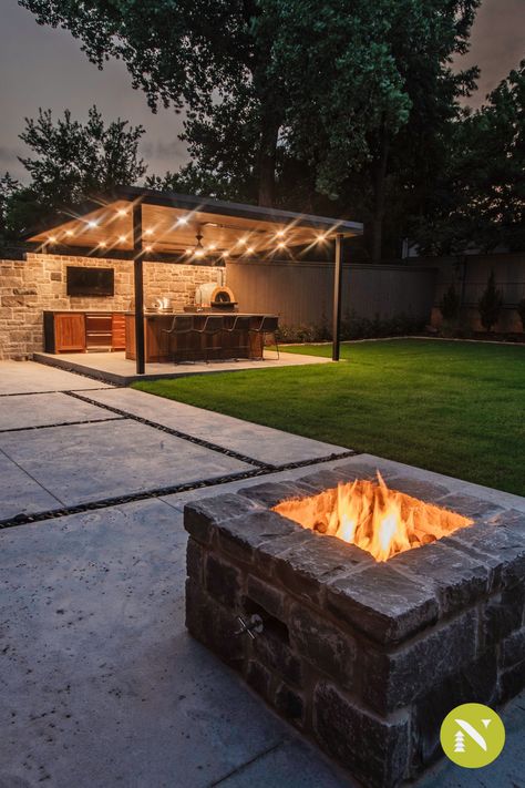 Experience the warmth of a custom-built fire pit, complemented by a picturesque landscape designed just for you! Pergola Ideas Fire Pit, House Backyard Ideas, Patio With Fire Pit, Small Outdoor Kitchens, Picturesque Landscape, Outdoor Toilet, Outdoor Kitchen Bars, Outdoor Patio Designs, House Backyard