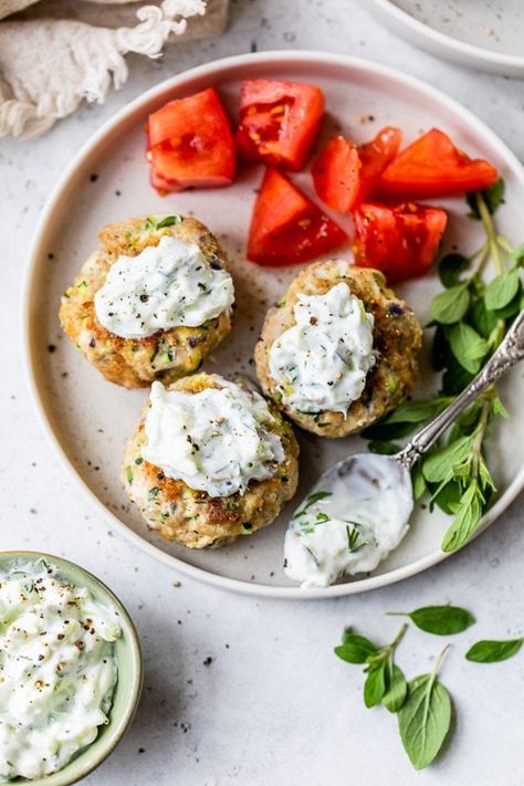 Greek Turkey Meatballs with tzatziki sauce (cucumber yogurt sauce) are delicious over rice, with chickpea salad, or as an appetizer. Great for meal prep too! #groundturkey #turkeymeatballs Ground Turkey Greek Yogurt, Meatballs Salad, Turkey Feta Burgers, Greek Meatballs Recipe, Sauce Over Rice, Ww Appetizers, Greek Turkey Meatballs, Cucumber Yogurt Sauce, Greek Turkey