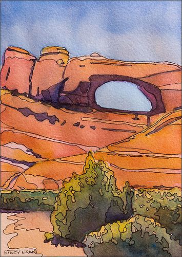 Ink and watercolor painting from a photo I took during a 2005 visit to Arches National Park. Arches 140lb CP, 5x7". Ink And Watercolor Landscape, Grand Canyon Watercolor, Desert Watercolor Paintings, Ink And Wash Watercolors, Cool Watercolor Paintings, Creative Watercolor Paintings, Utah Watercolor, Watercolor Desert Landscape, Watercolor Paintings Landscape