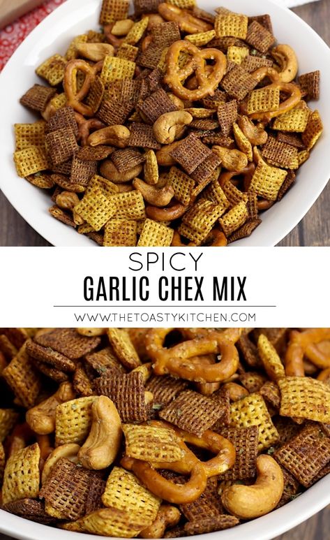 Spicy Garlic Chex Mix by The Toasty Kitchen #spicygarlic #chexmix #chex #party #snack #homemade #recipe #cereal #spicy #hot #garlic Savory Trail Mix Recipes, Chex Mix Recipes Spicy, Savory Chex Mix Recipes, Savory Chex, Savory Chex Mix, Spicy Chex Mix, Chex Snack Mix, Chex Party Mix, Chex Mix Recipe