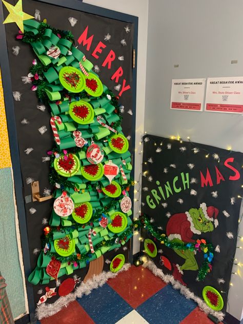 Grinch Themed Christmas Classroom Door, Grinch School Hallway Decorations, Grinch Tree Door Decorations, Office Door Christmas Decorations Ideas Grinch, Christmas Grinch Classroom Door, Grinch Christmas Hallway Decorations, The Grinch Classroom Door Decorations, Grinch Themed Bulletin Board, Whoville Christmas School Hallway