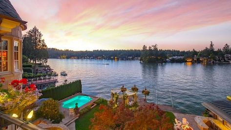 Lake Oswego, OR Moving To Portland Oregon, Lakeside Deck, Pool Outdoor Kitchen, Lake Oswego Oregon, Indoor Spa, Lake Villa, Oregon Living, Office Den, Lake Front