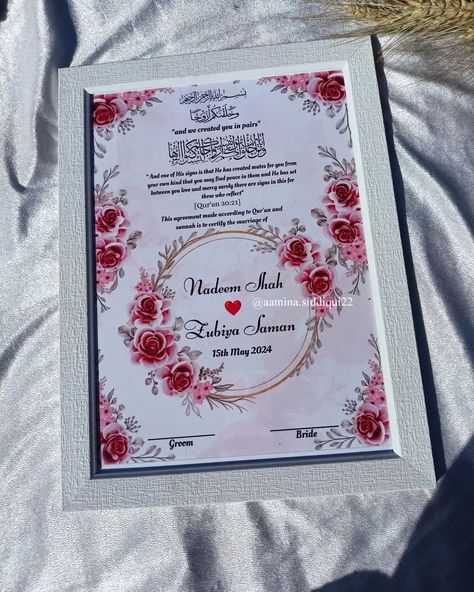 Nikah nama frame A4 Dm me for order Contact -7905869506 #thumbimpression #thumbboard #thumbprint #nikahnama #nikahmirror #nikahdopatta #nikahsignaturepen #nikahdupatta #nikahbooklet #nikah #nikaahpen Nikah Certificate, Wedding Pen, Unique Wedding Cards, Thumb Prints, Frame Ideas, Wedding Frames, Finding Peace, Box Frames, Unique Wedding