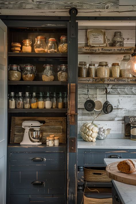 Old Farmhouse Pantry, Open Kitchen Shelving Ideas, Farmstead Kitchen, Scullery Ideas, Pantry Farmhouse, Bloxburg Apartment, Farmhouse Kitchen Pantry, Functional Farmhouse, Kitchen Pantry Ideas