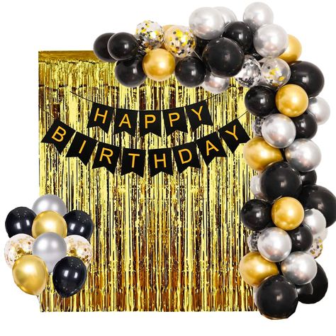 PRICES MAY VARY. HHappy Birthday Decorations Kit combo Package include 1pc black happy birthday banner (made of thick paper - cardstock), 12pcs black, 12pcs gold, 12pcs silver, 4pcs golden confetti and 1pc golden foil curtain. These banner (made of thick paper - cardstock) with balloon is perfect for birthday decoration items for husband, wife, girlfriend or boyfriend or any adult.Black banner (made of thick paper - cardstock) requires assembling which will take 5minutes. The black and golden Bd Golden And Black Balloon Decoration, Black And Golden Birthday Decoration, Birthday Party Decorations Black Gold, Black Gold Birthday Decorations, Black And Gold Birthday Decorations, Birthday Background Decoration, Birthday Party Black And Gold, Birthday Decorations Black, Birthday Decoration Items