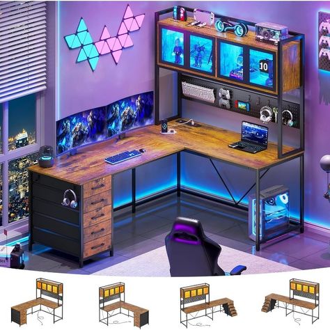 L Shaped Gaming Desk with Hutch, Reversible Computer Desk with Storage Shelves and Power Outlet, Desk With Pegboard, Desk Pegboard, Desk For Two People, Punk Office, Long Computer Desk, L Shaped Gaming Desk, Desk For Two, Computer Desk With Storage, Gamer Desk