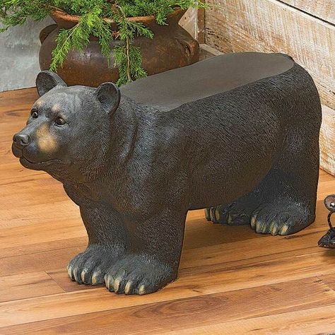 Rustic Accent Furniture, Bear Bench, Black Bear Decor, Twig Furniture, Moose Decor, Little Cabin In The Woods, Black Forest Decor, Beautiful Horse Pictures, Ceramic Frogs