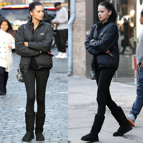 Adriana Lima uggs with leggings Ugg Boots Outfit Chestnut, Black Ugg Boots Outfit, How To Style Knee High Boots, Black Uggs Outfit, Uggs Outfit Winter, Ugg Boots Outfit Winter, Fake Uggs, Ugg Boots With Bows, Uggs Outfits