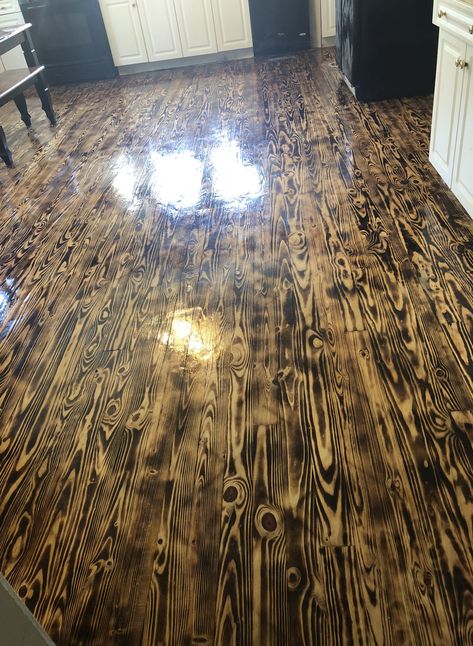 Burnt wood kitchen floor Burnt Hardwood Floors, Burned Wood Cabinets, Wood Floor Patch Ideas, Wood Grain Flooring, Creative Wood Floors, Burnt Wood Flooring, Burnt Wood Floors, Burnt Wood Ceiling, Burnt Plywood Flooring Diy