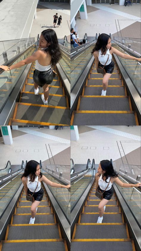 Escalator Pics, Stair Photoshoot, Myday Ideas, Outfit Ideas Black And White, Stairs Poses, Walking Stairs, Pose Ideas Outfit, Inspo Poses, Dubai Art