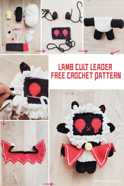 Crochet Lamb Cult Leader Pattern FREE Cute Free Pattern Crochet, Crochet Lamb Amigurumi, Cult Of The Lamb Crochet Pattern, Two Headed Crochet Pattern, Unique Amigurumi Free Pattern, Cult Of The Lamb Crochet, Strawberry Crochet Pattern Free, Lamb Crochet Pattern Free, Anime Crochet Ideas