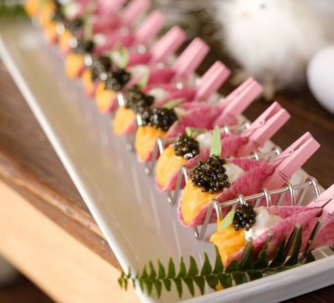 6 Catering Ideas From Instagram for Passed Hors D'oeuvres | BizBash Trending Appetizers, Wedding Hors D'oeuvres, Wedding Canapes, Banquet Food, Food Display Table, Appetizer Display, Catering Food Displays, Gourmet Appetizers, Cocktail Party Food