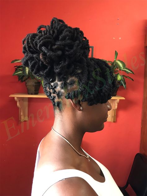 Locs With Petals, Loc Petal Bun With Swoop, Petal Locs Updo, Locs Styles For Prom, Loc Ponytail Styles With Bangs, Petal Hairstyle For Locs, Petal Ponytail Locs, Loc Petal Updo, Petal Bun Locs With Bangs