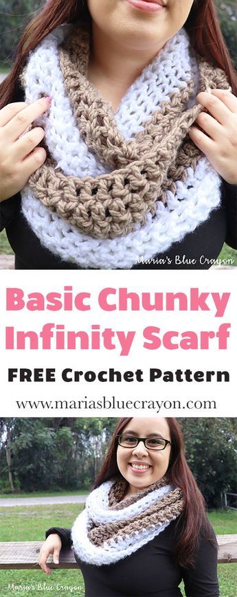 Crochet this basic chunky infinity scarf with the free pattern on Maria's Blue Crayon blog. #crochet #infinityscarf #basic #forwomen #ladies #forgirls #modern #chunkyscarf #free #pattern #freepattern Beginner Knit Scarf, Poncho Au Crochet, Crochet Scarf Easy, Infinity Scarfs, Blue Crayon, Chunky Infinity Scarves, Infinity Scarf Pattern, Crochet Afghan Patterns Free, Crochet Scarf Pattern Free