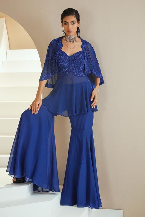 Electric Blue Georgette Embellished Cape with Embroidered Peplum and Gharara Set Cape Top Pattern, Seema Thukral, Tops Outfit Ideas, Fashion Course, Suits Indian, Tops Outfit, Blue Cape, Female Dress, Western Dress