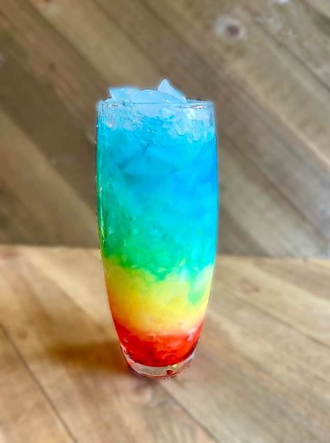 Rainbow Paradise Mocktail Recipe - FlyPeachPie Rainbow Mocktail Recipe, Rainbow Mocktails Non Alcoholic, Layered Drinks, Orange Julius, Blue Curacao, Mocktail Recipe, Pineapple Juice, Non Alcoholic, Mocktails