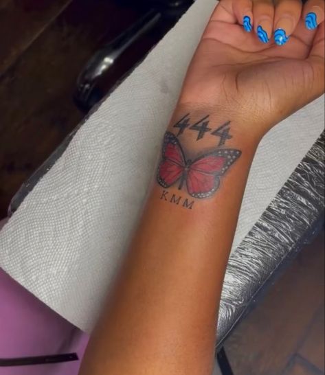 Cute Tattoos With Meaning Black Women, 444 Tattoo Meaning, Tattoos 2023, 444 Tattoo, Unique Butterfly Tattoos, Cute Tattoos On Wrist, Butterfly Wrist Tattoo, Arm Sleeve Tattoos For Women, Hand Tattoos For Girls