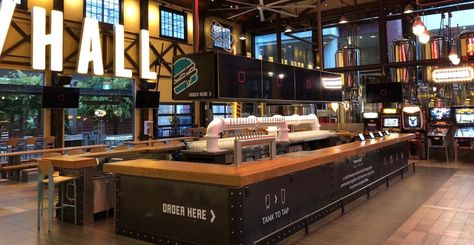 Vancouver's new massive beer hall opens tomorrow (VIDEO) | Dished Brewery Bar Design, Brewery Interior Design, Brewery Interior, Cafe Bar Design, Brewery Bar, Brewery Design, Retro Arcade Games, Beer Hall, Retro Arcade