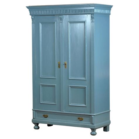 This brocante cabinet comes from France, circa 1920. The cabinet is made of pine wood and has been repainted recently. The cabinet has three shelves. At the bottom a drawer. With well-functioning lock/key. Blue Armoire, French Cabinet, Pine Wardrobe, Painted Armoire, Wardrobe Armoire, The Cabinet, Vintage Wardrobe, Solid Pine, Tall Cabinet Storage