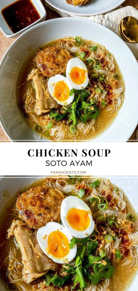 In the top photo is chicken soup (soto ayam) served in a white bowl, topped with sliced hard boiled egg, bergedil (potato meat cakes), cilantro, and fried shallots. Next to the bowl is a serving of 'sambal kicap', which is a spicy sweet soy sauce dip. The bottom photo is a close up of the soto ayam. Chicken Soups And Stews, Soup Recipes Homemade, Best Chicken Soup Recipe, Chicken Vermicelli, Best Chicken Soup, Chicken Soup Recipes Homemade, Vermicelli Recipes, Quick Soup Recipes, Rice Noodle Recipes