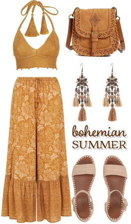 Boho Outfits 70s, Yellow Boho Outfit, Spring Bohemian Outfits, Colorful Bohemian Outfits, Neutral Boho Outfits, Boho Date Outfit, Shoplook Summer, Natural Style Clothing, Boho Outfits Women