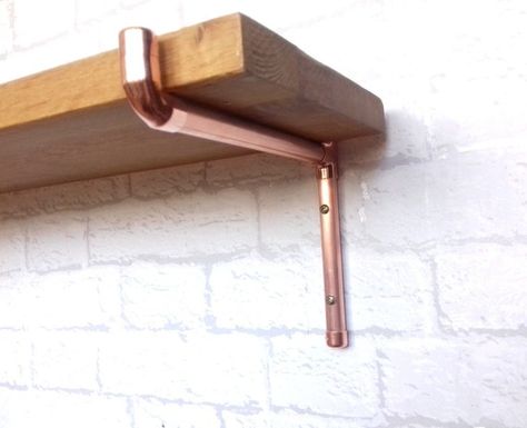 Copper Piping Shelves, Copper And Wood Shelves, Copper Pipe Shelf, Copper Pipe Ideas, Copper Shelf Brackets, Copper Pipe Art, Copper Pipe Shelves, Copper Shelf, Brass Shelf Brackets