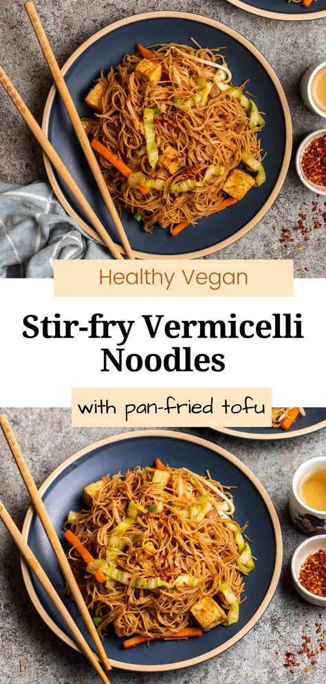 This Chinese-inspired stir-fry rice vermicelli noodle is packed with flavors, filling, and incredibly satisfying. A quick one-pan meal that is fuss-free and ready in 30 minutes. This fried bee hoon is also healthy and packed with colorful veggies! Angel Hair Vermicelli Rice Noodles, Vermicelli Tofu Recipes, Vegan Rice Vermicelli Recipes, Tofu Vermicelli Recipes, Vermicelli Recipes Vegan, Vermicelli Noodles Recipes Stir Fry, Vermicelli Noodles Recipes Vegetarian, Vermicelli Recipes Vegetarian, Vegan Vermicelli Recipes