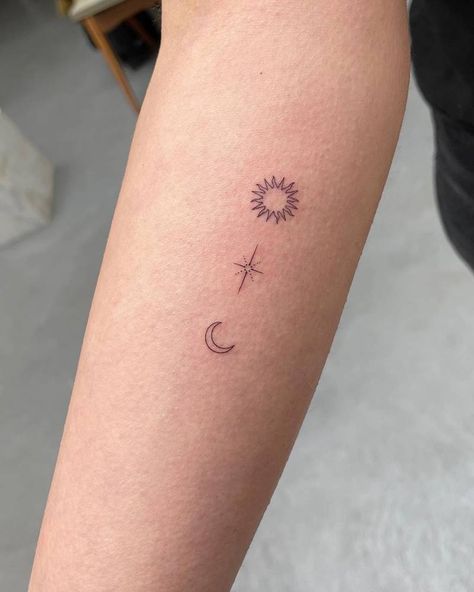 Minimalist sun, moon and star tattoo on the inner Sun Moon Star Tattoo, Moon And Star Tattoo, Star Tattoo Ideas, Moon Star Tattoo, Tattoo Sonne, Stars Tattoo, Star Tattoo Designs, Sun Moon And Stars, Moon Tattoo Designs