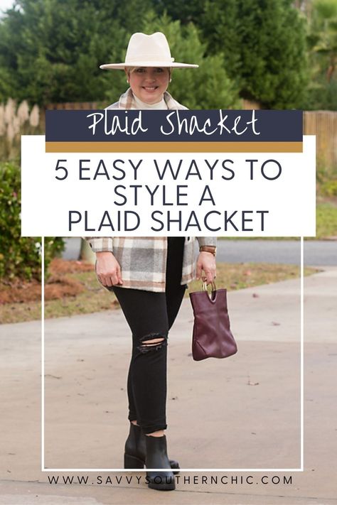 5 easy ways to style a plaid shacket Red Plaid Shacket Outfit Women, How To Style Plaid Shacket, Wearing A Shacket, Shacket Style Ideas, Burgundy Shacket Outfit, How To Style A Shacket Fall, How To Style A Long Plaid Shacket, Black And White Plaid Shacket Outfit, Plus Shacket Outfit Women