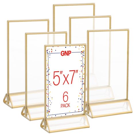 PRICES MAY VARY. PICTURE FRAME 6-PACK - This 5-inch by 7-inch acrylic sign holder set is perfect for displaying menus, table numbers, photos, or creating custom centerpiece table decorations. These gold frames will add an elegant touch to any display. DOUBLE-SIDED - These tabletop floating frames can be viewed from both the front and back, for a stylish display from any angle. The dual-sided presentation makes them great for placing in the center of a table or on a bar. MULTIPURPOSE DISPLAY - Th Contemporary Picture Frames, Floating Frames, Table Number Holders, 5x7 Picture Frames, 4x6 Picture Frames, Wedding Numbers, Centerpiece Table, Picture Stand, Gold Frames