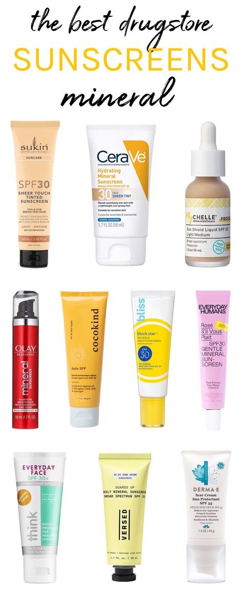 The ultimate guide to the best drugstore mineral sunscreens that are lightweight (never greasy or goopy), won't clog your pores and won’t leave a white cast! Mineral Sunscreen For Face, Best Drugstore Sunscreen, Good Sunscreen For Face, Skin Cycling, Sunscreen For Sensitive Skin, Best Sunscreen, Natural Spf, Scar Cream, Drugstore Skincare