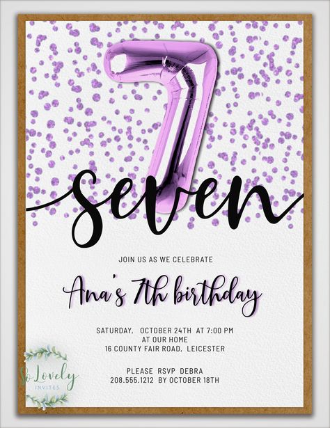 "This listing is a digital 7th Birthday invitation. It's adorned with metallic purple glitter and modern script fonts, and perfect for your favorite 7 year old boy or girl. The invite is editable by you, in your browser by going to the Corjl website.  You will not need to download any fonts or templates. Just edit and download right away! **PLEASE NOTE: THE AGE/NUMBER CANNOT BE EDITED. YOU WILL NEED TO PURCHASE THE AGE INVITATION YOU WILL NEED.** PLEASE DEMO this template before purchasing!  Ple 7th Birthday Invitations Girl, 7th Birthday Invitation, Purple Birthday Invitations, Birthday Invitation Card Template, Purple Birthday, Party Deco, Birthday Invites, Birthday Party Invitation Templates, Pink Theme