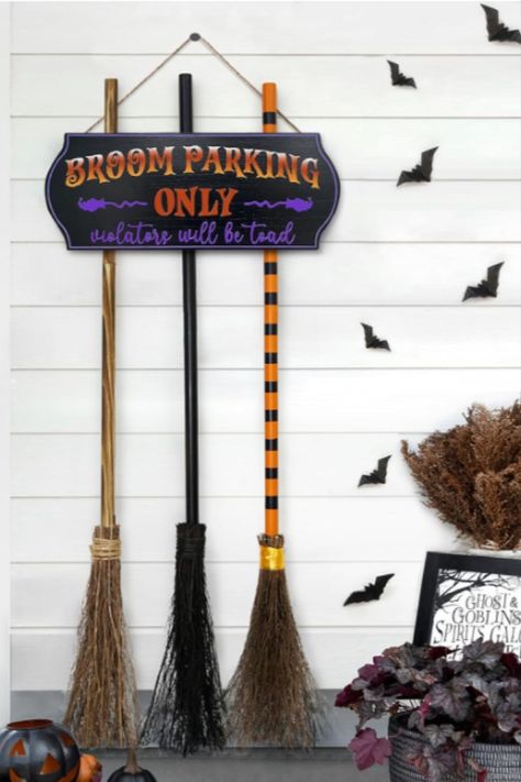 Broom Parking Sign, Hocus Pocus Decorations, Witches Brooms, Broom Parking, Outside Halloween Decorations, Halloween Brooms, Porch Wall Decor, Halloween Front Porch Decor, Parking Sign