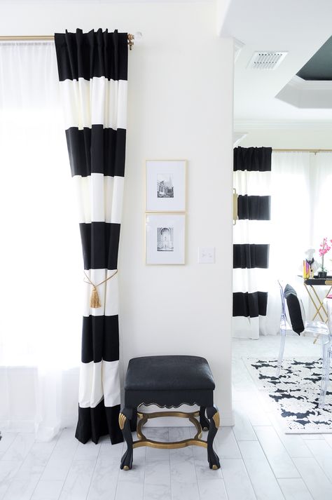 Black And White Striped Curtains, Bright White Living Room, Stripe Curtains Living Room, Gold Curtain Rod, White Curtains Living Room, White Living Room Decor, Colorful Eclectic, Black And White Living Room, Gold Living Room