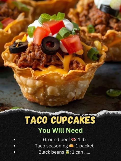 Crunchy Taco Cupcakes, Taco Cupcakes, Taco Cups, Tin Recipes, Taco Fillings, Crunchy Salad, Jamie Oliver Recipes, Creative Cooking, Appetizer Bites