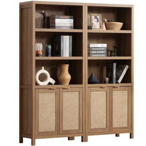 Omni House 5 Shelf Bookcase Bookshelf with Doors and Storage Cabinet,Rattan Book Shelf with Display Shelves for Living Room,Home Office,Bedroom(Oak,2PCS) - Walmart.com Farmhouse Bookshelves, Bookshelf With Doors, Farmhouse Bookcases, Shelves For Living Room, Large Bookshelves, Large Bookcase, Sideboards Living Room, 5 Shelf Bookcase, Library Shelves