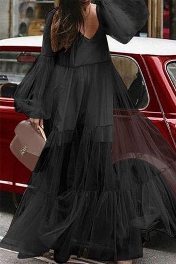 V-neck Bubble Sleeve Mesh #Dress Gauze Maxi Dress, Sun Dresses, Looks Party, Dress Sleeve Styles, Long Sleeve Dresses, Vintage Material, High Waist Fashion, Sleeve Dresses, Winter 2022