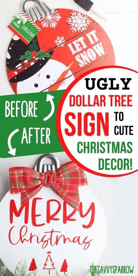 Looking for easy DIY Christmas signs to make and sell or keep for your own DIY Christmas decor? These cute round wood DIY holiday signs are so easy to make using an upcycled Dollar Tree ornament sign. Simply paint it and use your Cricut or hand stencil with carbon paper... super easy to do! Makes awesome DIY farmhouse Christmas signs to sell at craft fairs, too, because they're so cheap to make! Dollar Tree Christmas Wood Signs Diy, Dollar Tree Christmas Signs Makeover, Dollar Tree Christmas Signs Diy, Signs To Make And Sell, Wood Christmas Signs Diy, Christmas Door Signs Diy, Christmas Round Wood Signs Diy, Dollar Tree Christmas Signs, Christmas Round Wood Signs