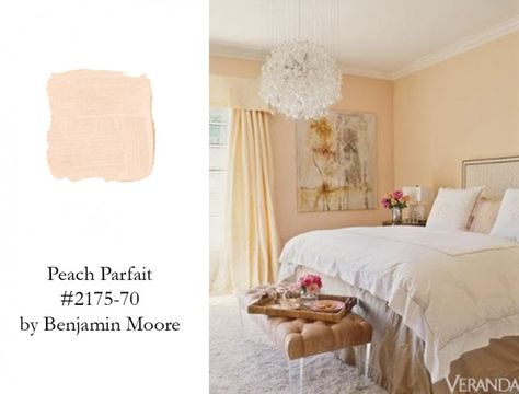 Jennifer Lopez's Bedroom is Serene and Glamorous thanks to PEACH PARFAIT by Benjamin Moore- VERANDA Peach Ideas, Peach Bedroom, Peach Bedding, Best Bedroom Paint Colors, Peach Parfait, Color Durazno, Peach Paint, Color Of The Week, Peach Walls