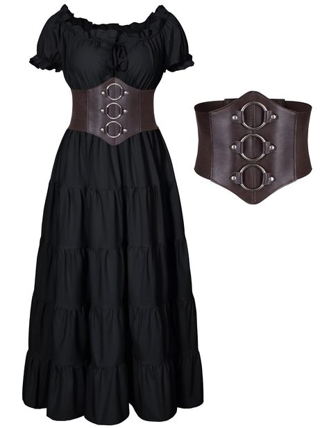 PRICES MAY VARY. Package includes:Women medieval renaissance long dress*1,stretchy PU leather corset waist belt*1,2-piece set. Material: Polyester,well made, soft and comfortable to wear, renaissance off shoulder top dress medieval costume outfit.The neckline has an adjustable drawstring, which can be perfectly adjusted to fit your size. Elegant renaissance pirate costume medieval chemise peasant long dress with off shoulder design,adjustable drawstring lace ruffles trim neckline,pleated body dr Easy Costumes Women, Pixie Costume, Corset Waist Belt, Wench Costume, Peasant Costume, Costume Pirate, Pirate Dress, Pirate Cosplay, Chemise Dress