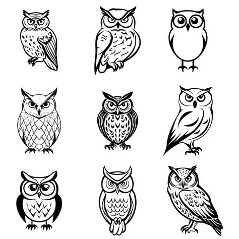 Premium Vector | A collection of owls black and white outlines Owl Illustration Simple, Owl In Tree Drawing, Black And White Outline Drawings, Simple Owl Drawing, Owl Drawing Simple, Embroidery Owl, Owl Outline, Flower Applique Patterns, Simple Owl