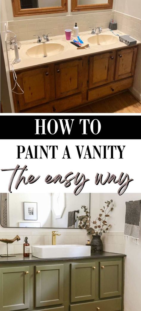 Easy DIY Bathroom Vanity Cabinet Painting Tutorial Easy Diy Bathroom Vanity, Easy Diy Bathroom, Best Cabinet Paint, Bathroom Cabinet Colors, Painting Bathroom Tiles, Painted Vanity Bathroom, Painting Bathroom Cabinets, Cabinet Painting, Painted Bathroom