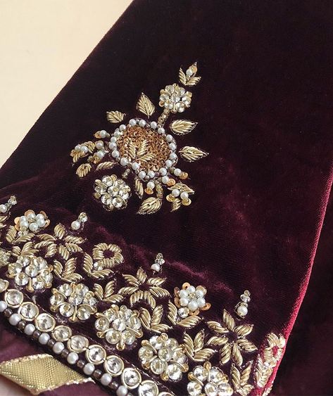 Embroidery On Velvet Blouse, Velvet Dress Sleeve Design, Hand Work On Velvet Suits, Velvet Hand Embroidery Suit, Embroidery On Silk Fabric, Velvet Blouse Aari Work Design, Velvet Work Embroidery, Embroidery On Velvet Suits, Dabka Embroidery Design