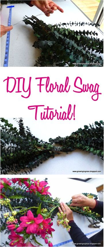 DIY Floral Swag Tutorial! {step by step instructions to make your own beautiful swags and flower arrangements!} | TheFrugalGirls.com How To Make A Floral Arch Swag, Diy Swag For Wedding Arch, Diy Floral Swag For Arch How To, How To Make Flower Arrangements For Arch, Diy Floral Arrangements Wedding Arch, Eucalyptus Swag Diy, Diy Arch Floral Arrangement, How To Make Arch Flower Arrangement, Diy Floral Arch Arrangement